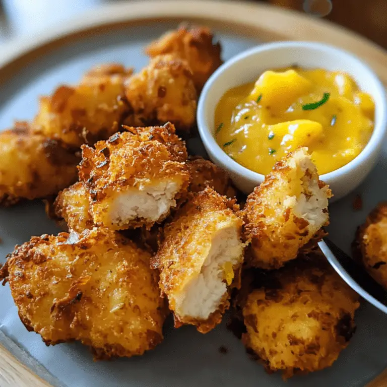 Kokosnuss-Hähnchen-Nuggets mit würzigem Mango-Dip Kokosnuss-Hähnchen-Nuggets mit würzigem Mango-Dip